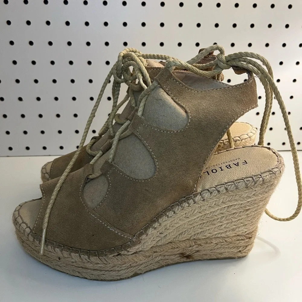 Fabiolas Tan Lace Up Cut Out Wedge Leather Espadrille Sandals